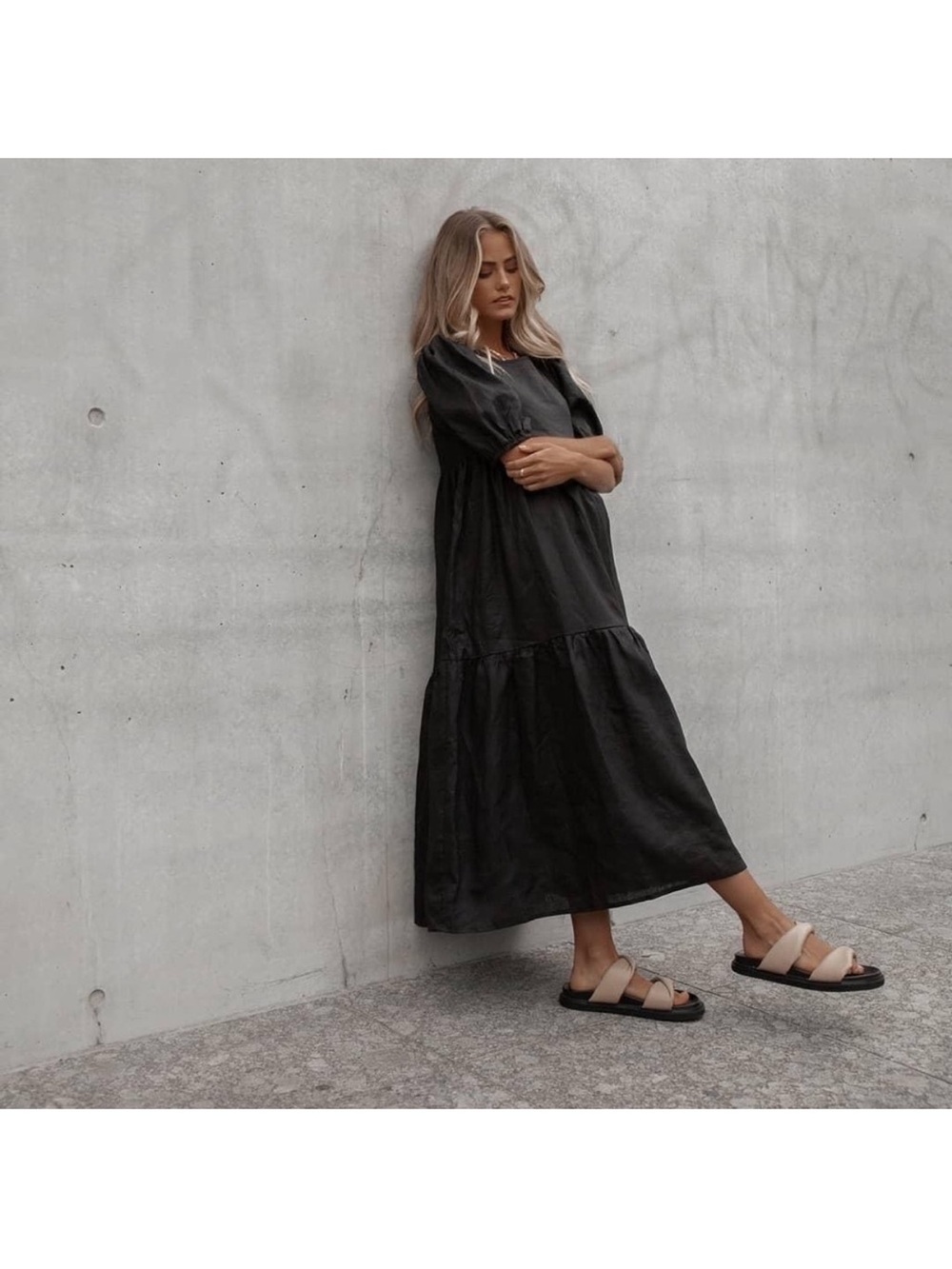 DISSH Bonnie Black Linen Tier Puff Sleeve Midi Dress Size AUS 6 US 2